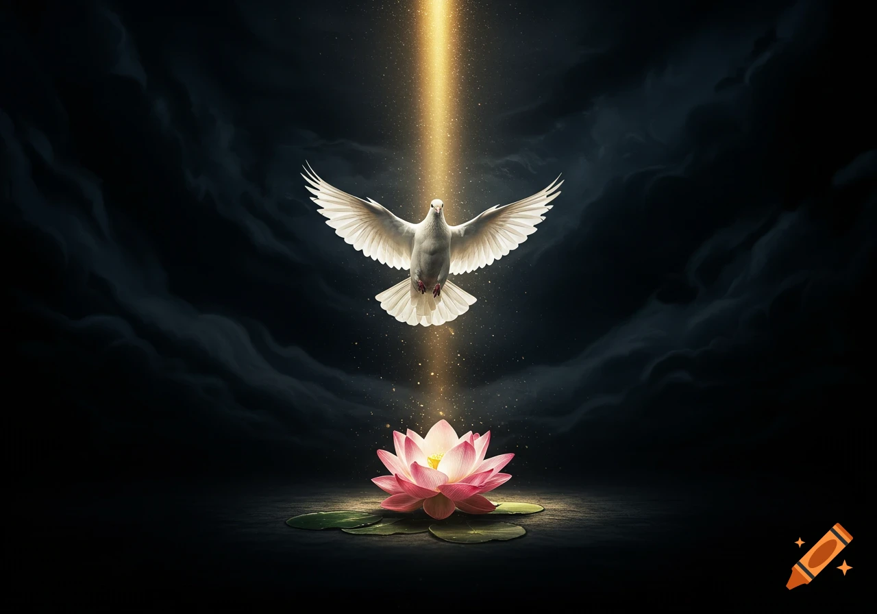 A white dove descends in a golden light beam towards a pink lotus flower on a dramatic dark background.