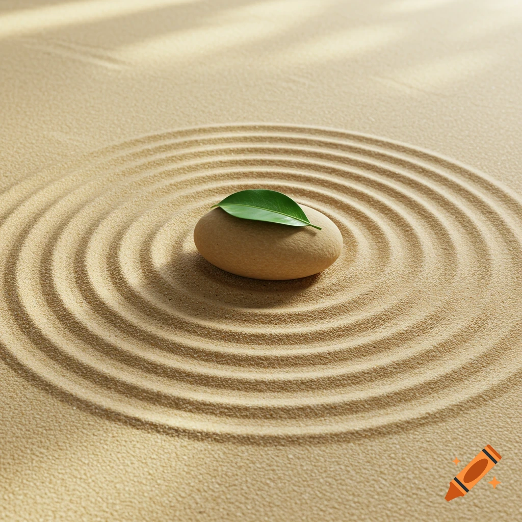 A smooth tan stone with a green leaf on top, centered in circular rake patterns on beige sand in a serene zen garden.