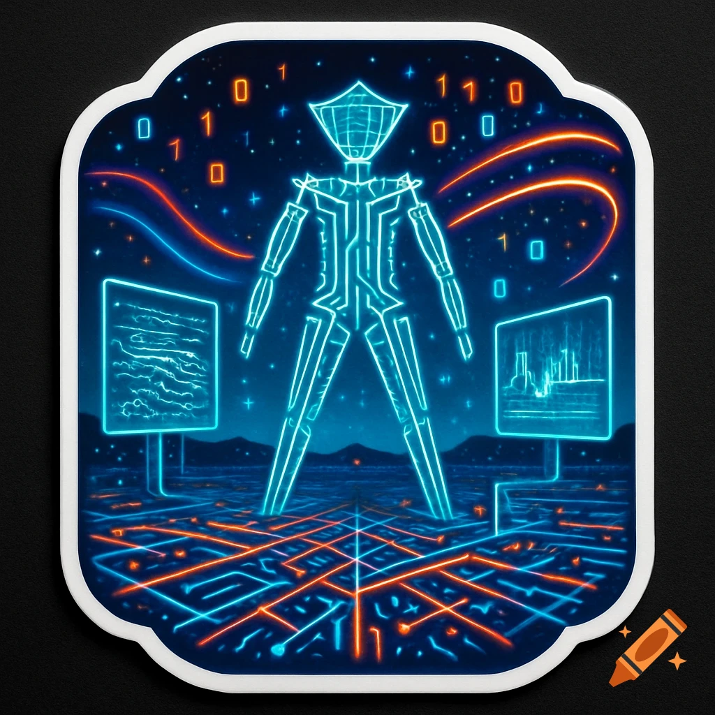 A neon blue glowing humanoid figure on a circuit board landscape with binary code in a sci-fi style.