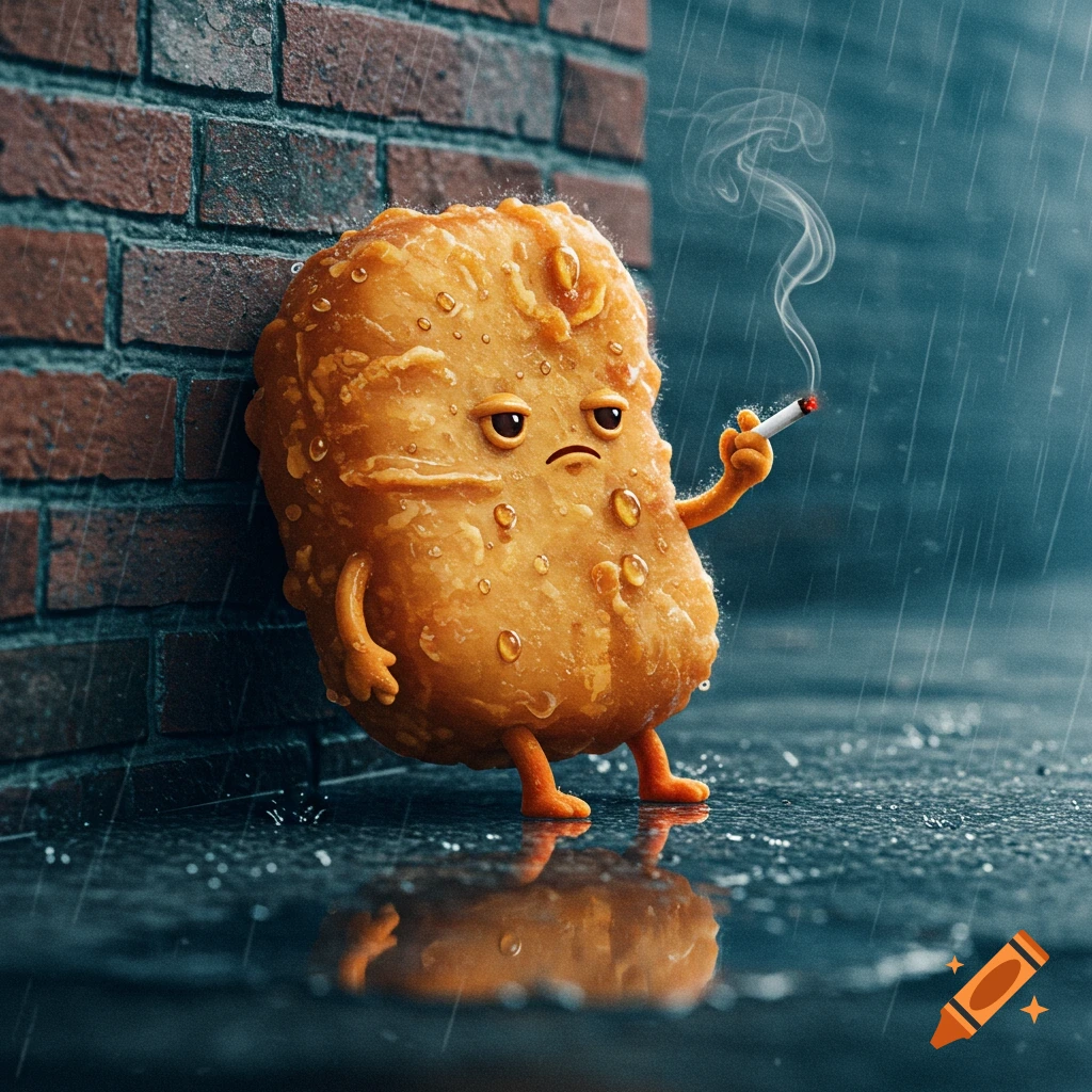 Anthropomorphic chicken nugget smoking a cigarette in the rain, leaning on a brick wall, photorealistic style.