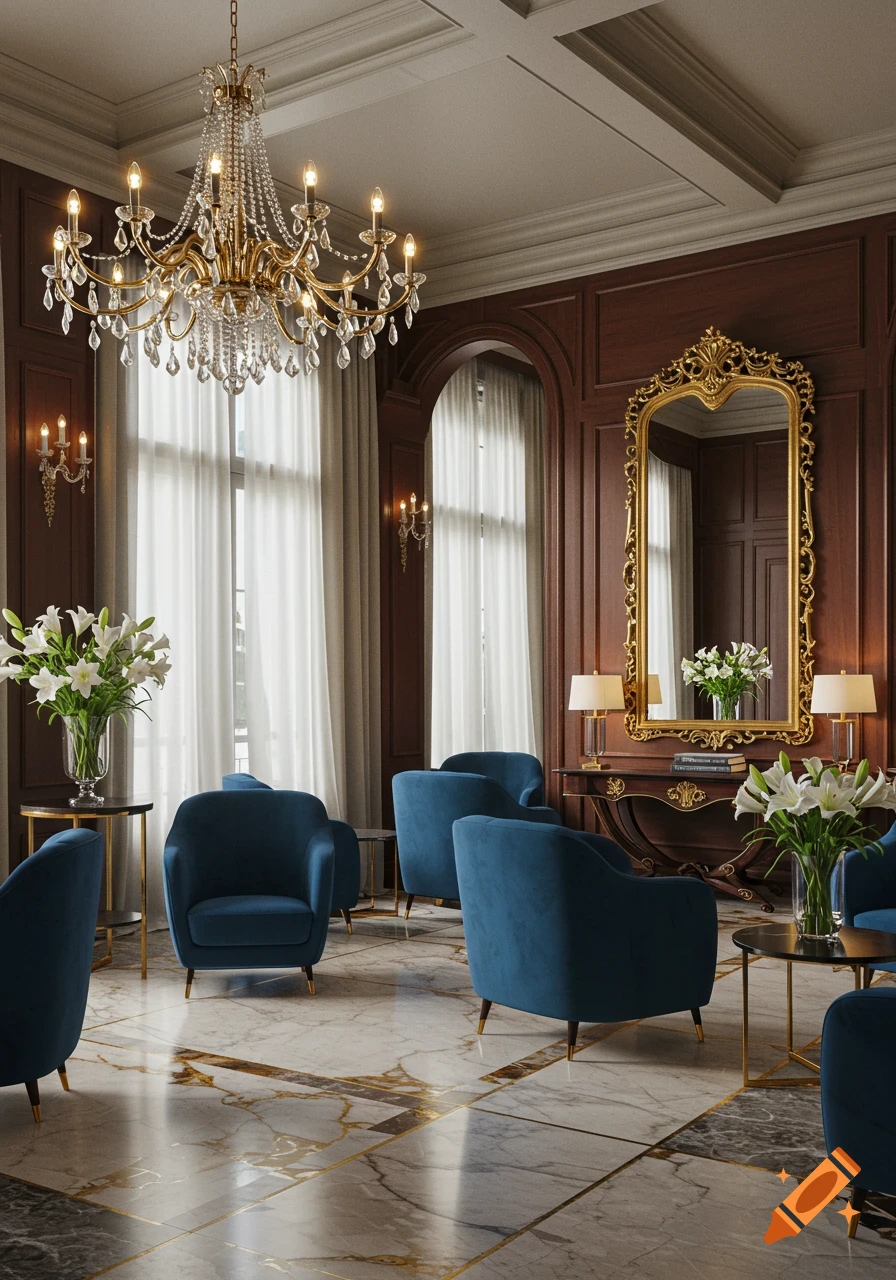 A luxurious waiting room featuring dark wood paneling, a large crystal chandelier, blue velvet armchairs, and polished marble floors.