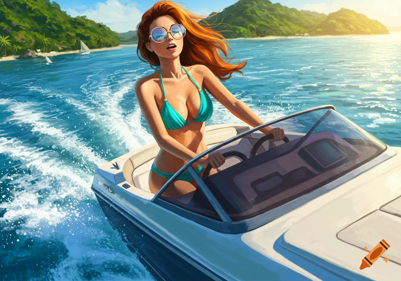 A woman in a bikini and sunglasses drives a speed boat on a sunny day with lush green islands in the background.