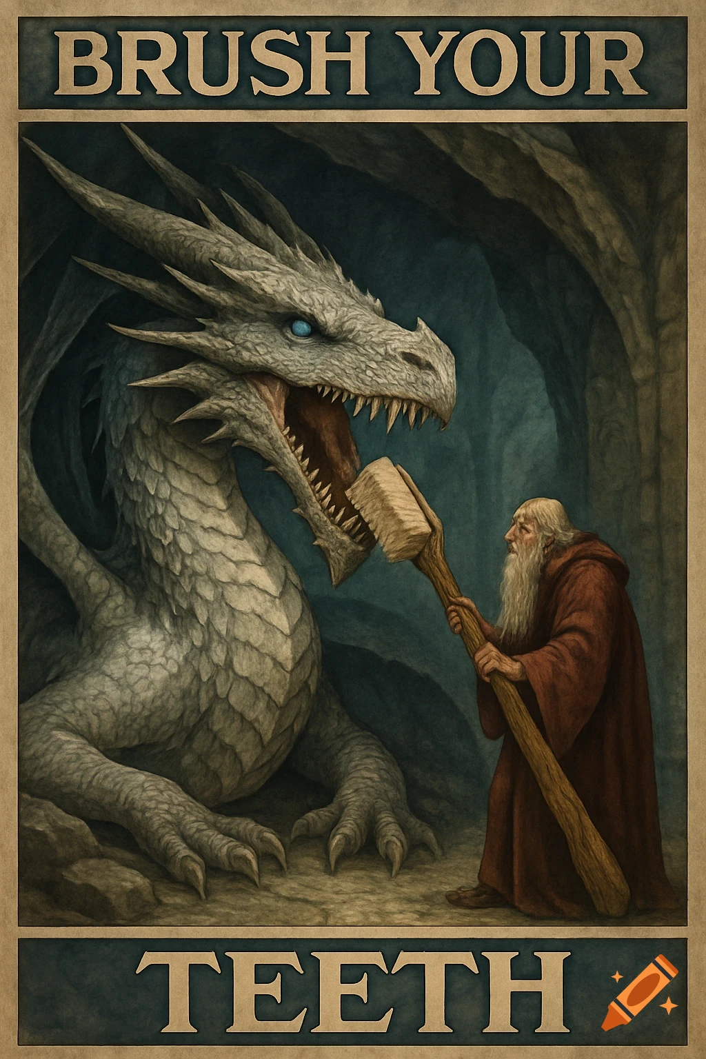 A fantasy poster shows a wizard using a large wooden toothbrush to brush the teeth of a ferocious white and grey dragon in a cave. Text reads 'BRUSH YOUR TEETH'.