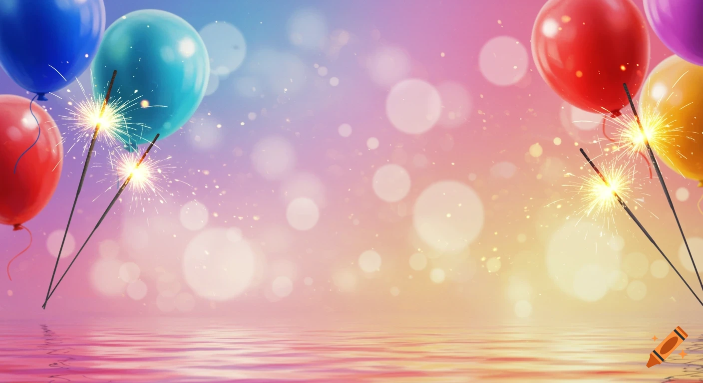 Colorful balloons and lit sparklers float above a reflective surface with a blurred bokeh background.