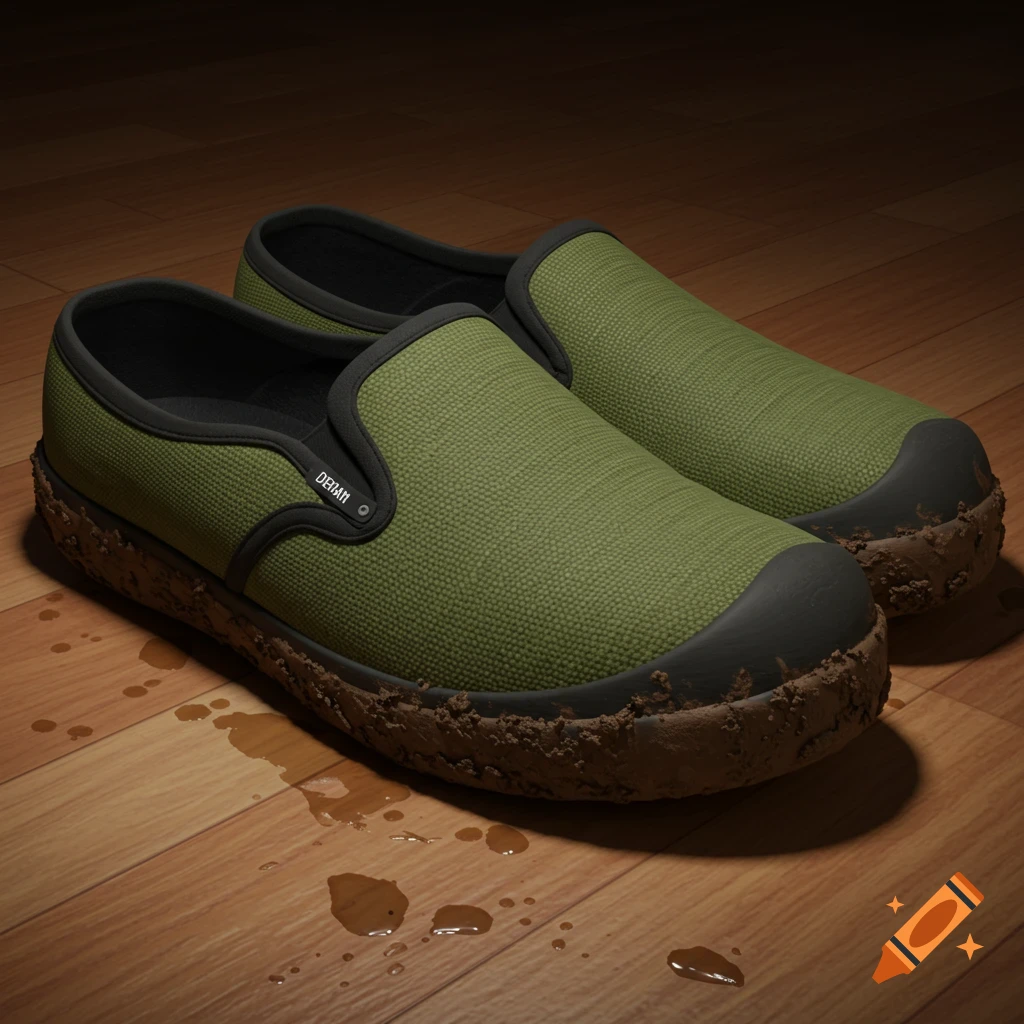 A pair of green slip-on shoes with muddy soles and water puddles on a wooden floor, photorealistic.