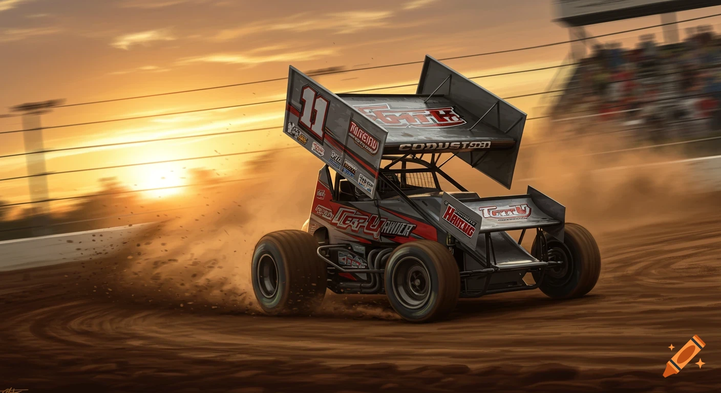 A black and red sprint car races on a dirt track, kicking up dust against a sunset sky.