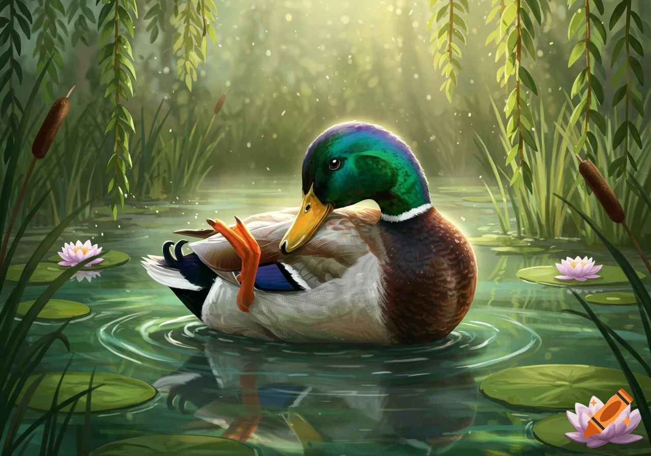 A vibrant mallard duck preens its foot while floating in a pond surrounded by water lilies and lush green foliage.
