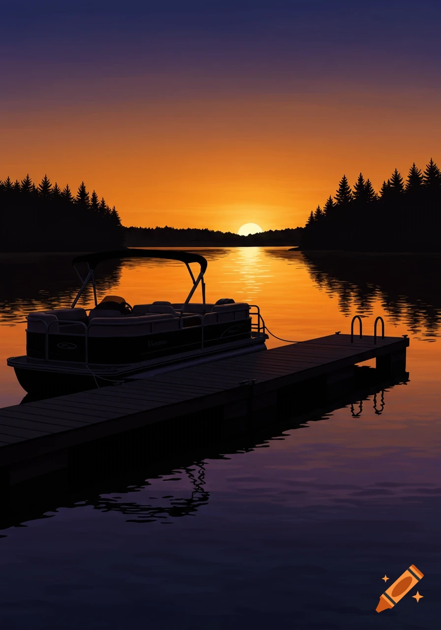 A pontoon boat tied to a dock on a tranquil lake at sunset, with trees silhouetted against the orange sky.