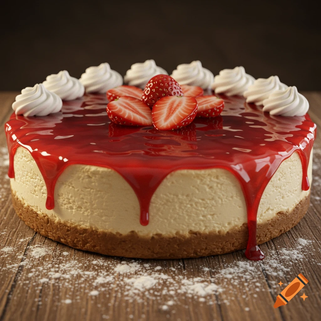 Photorealistic cheesecake with strawberry topping, fresh strawberries, and whipped cream on a wooden surface.