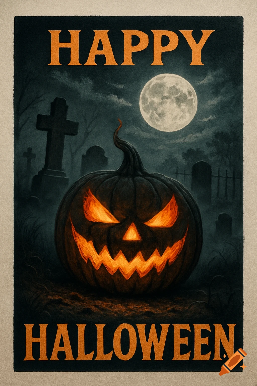 A vintage-style Halloween poster features an ominous jack-o'-lantern in a graveyard under a full moon, with 'HAPPY HALLOWEEN' text.