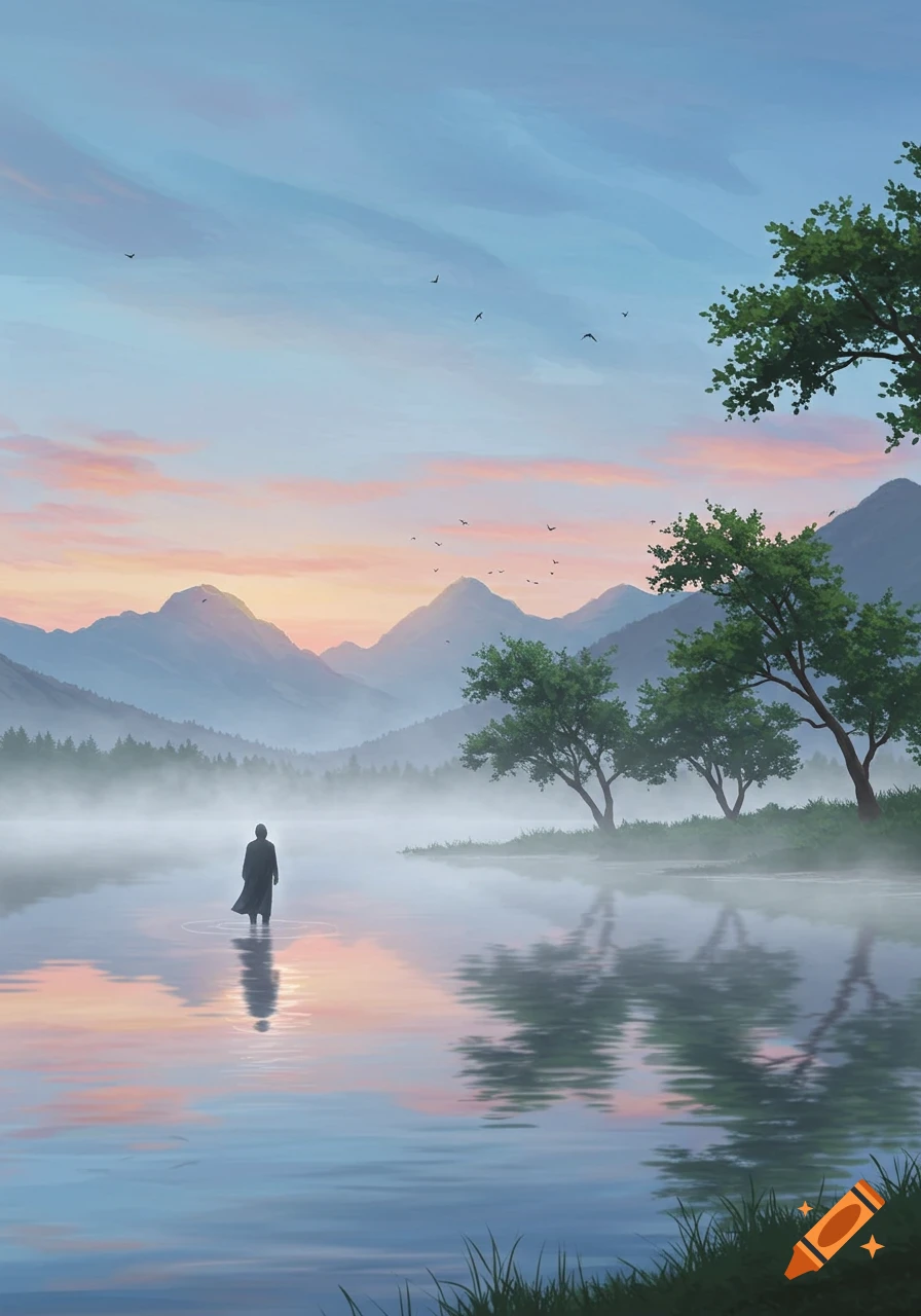 A solitary figure stands in a misty lake at sunrise, surrounded by mountains and trees, with reflections on the water.