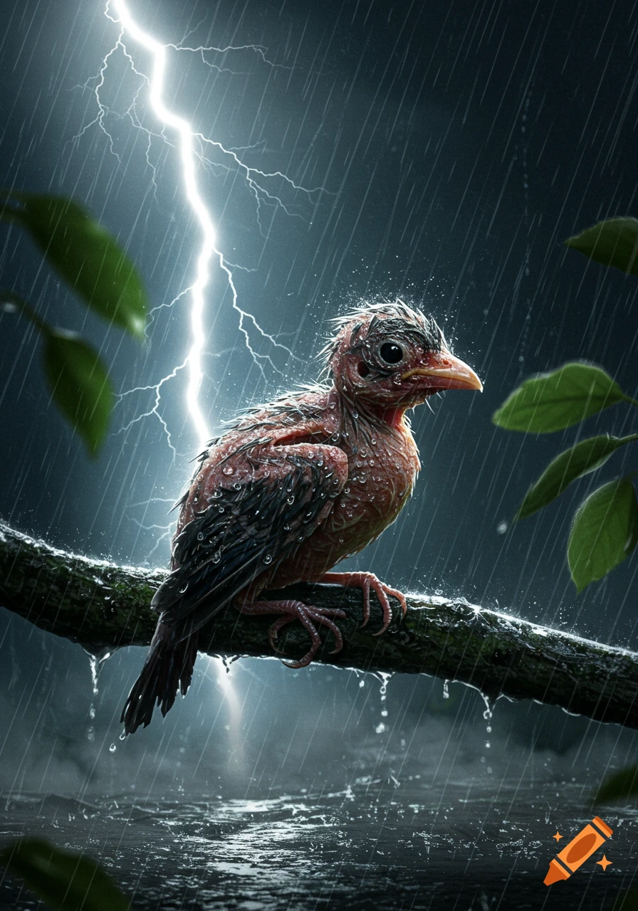 A young, wet bird with sparse feathers perches on a rain-soaked branch as lightning flashes in the stormy sky.