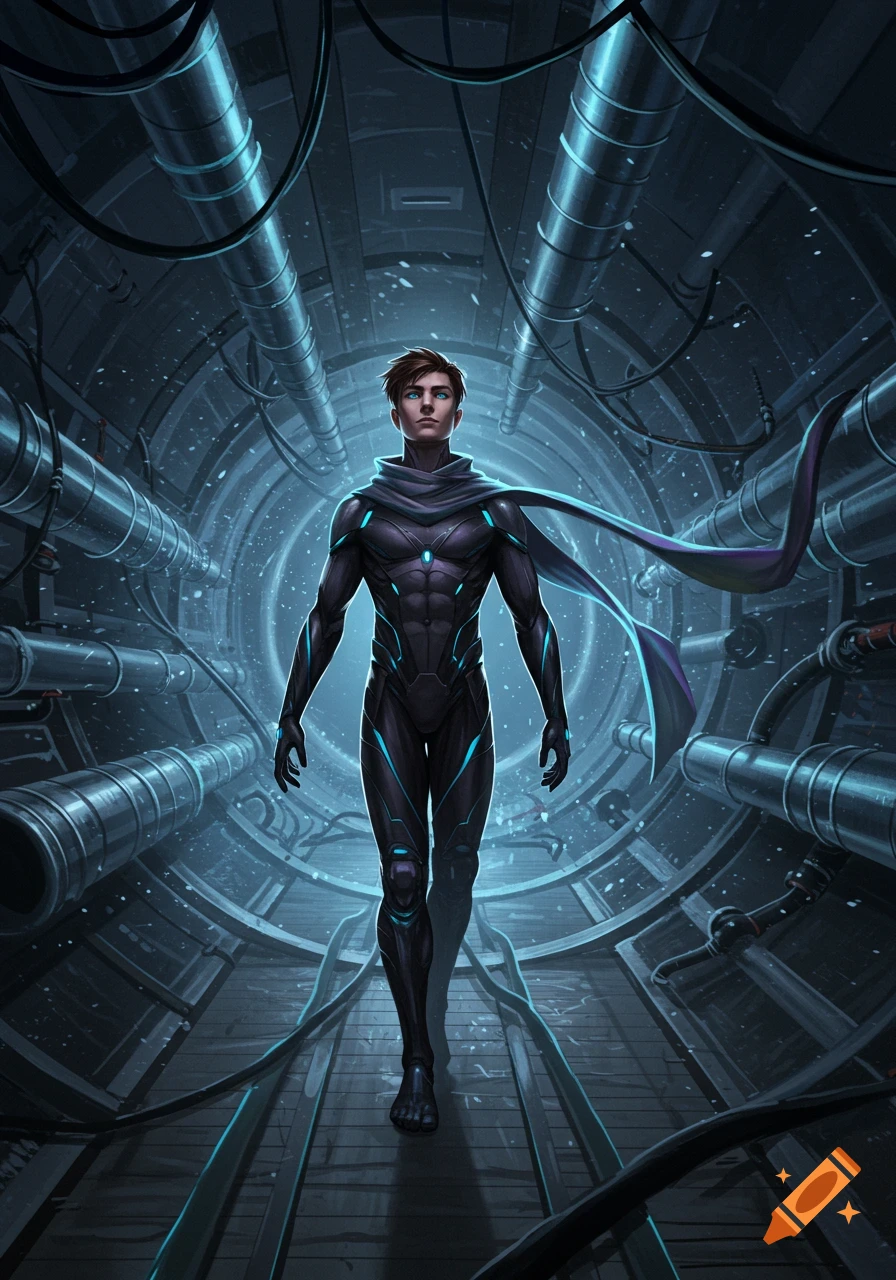 A man in a black and teal futuristic suit and flowing scarf walks through a glowing, circular wind tunnel.