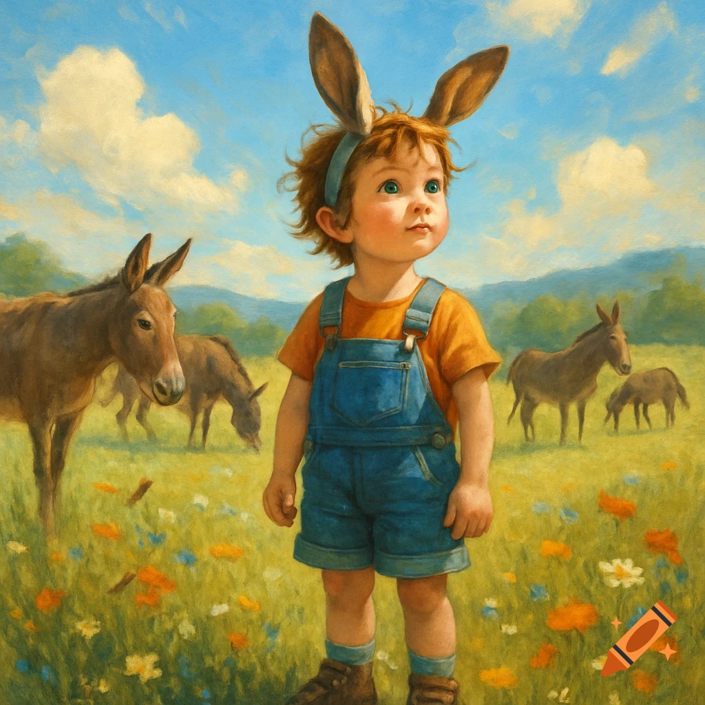 Painting of a child with bunny ears and overalls standing in a field with donkeys.