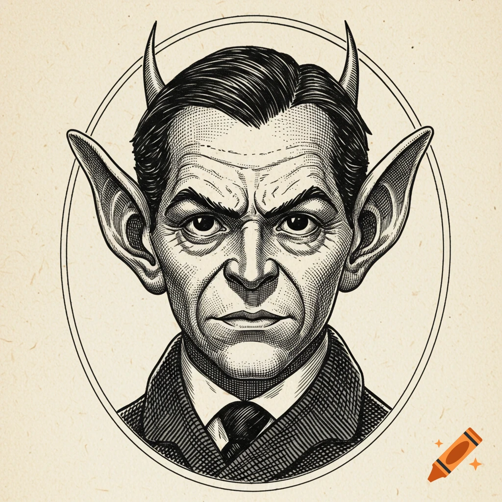 A black and white engraving-style portrait of Bat Boy with large ears and small horns, wearing a suit.