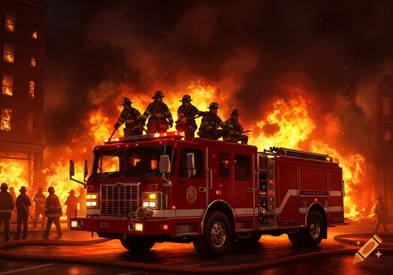 A red fire truck with five firefighters on its roof in front of a large fire consuming buildings in a city at night. More firefighters are visible on the street.
