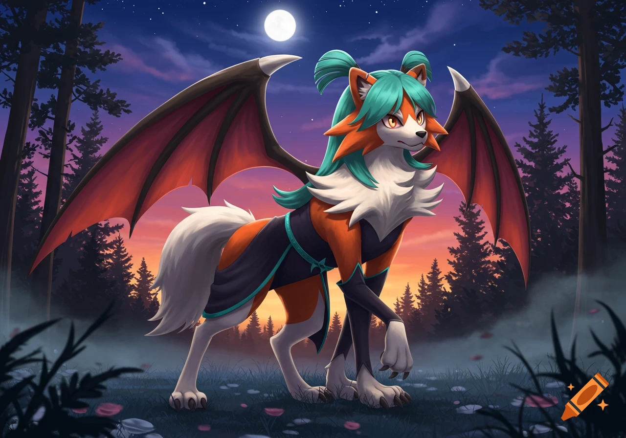 Dusk Lycanroc with orange fur, teal hair, and bat wings, dressed in a dark outfit, stands in a twilight forest under a full moon.