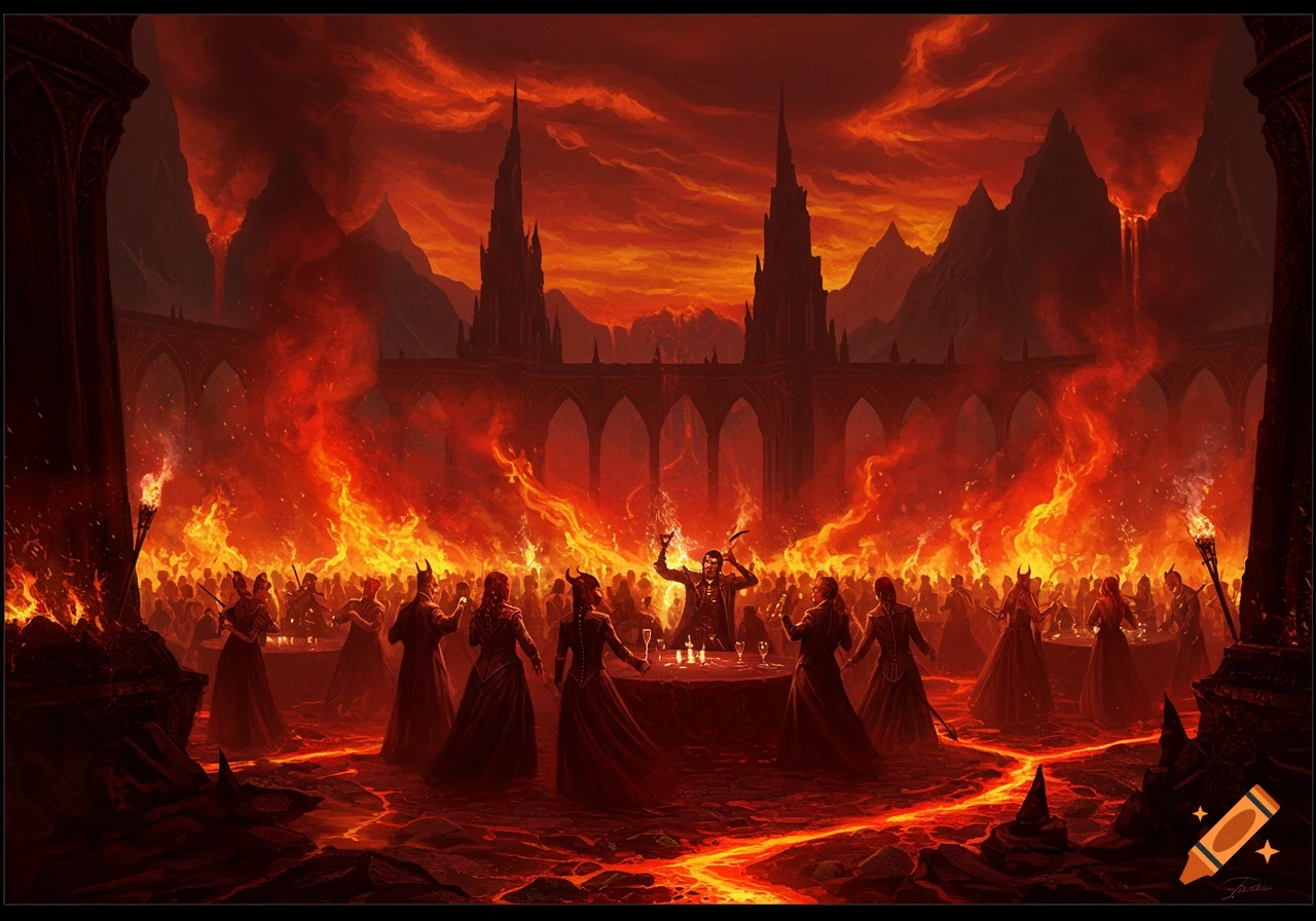A dark fantasy scene of a demonic party in hell, with figures gathered around tables amidst flames, lava, and gothic architecture.