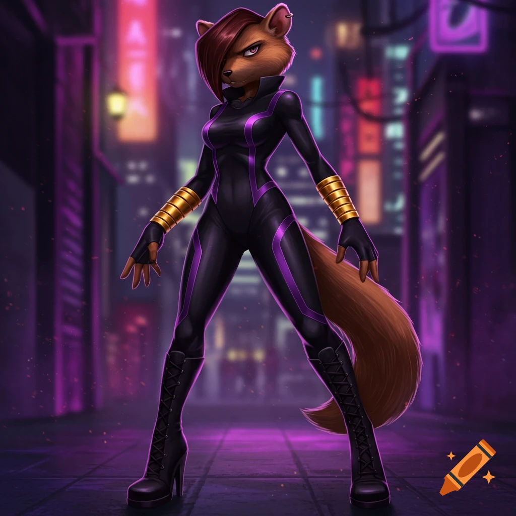 A brown mongoose in a black and purple agent suit with gold wristbands stands in a neon cyberpunk alley.