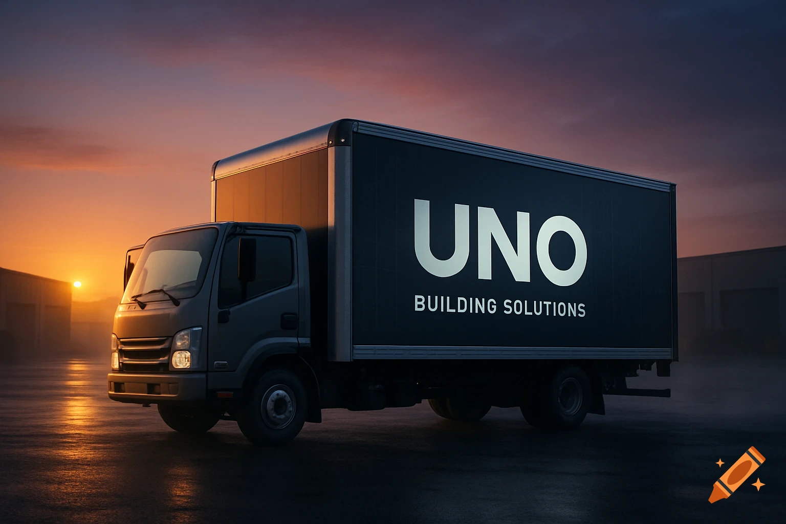 Photorealistic gray box truck with 'UNO BUILDING SOLUTIONS' logo parked on a wet road at sunset.