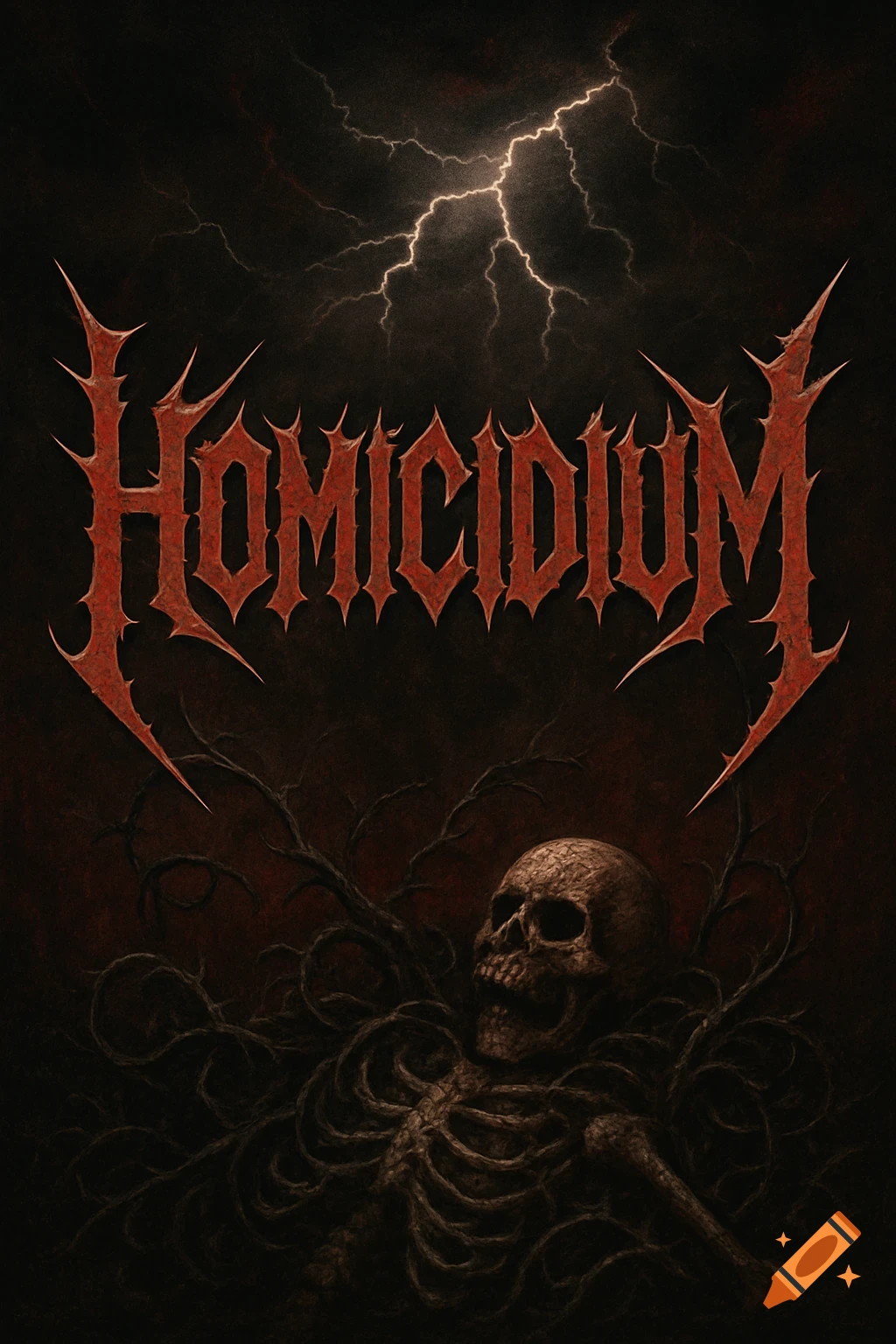 Dark death metal cover art: thorny red 'HOMICIDIUM' logo, skeleton, skull, branches, and a lightning bolt on a textured black background.