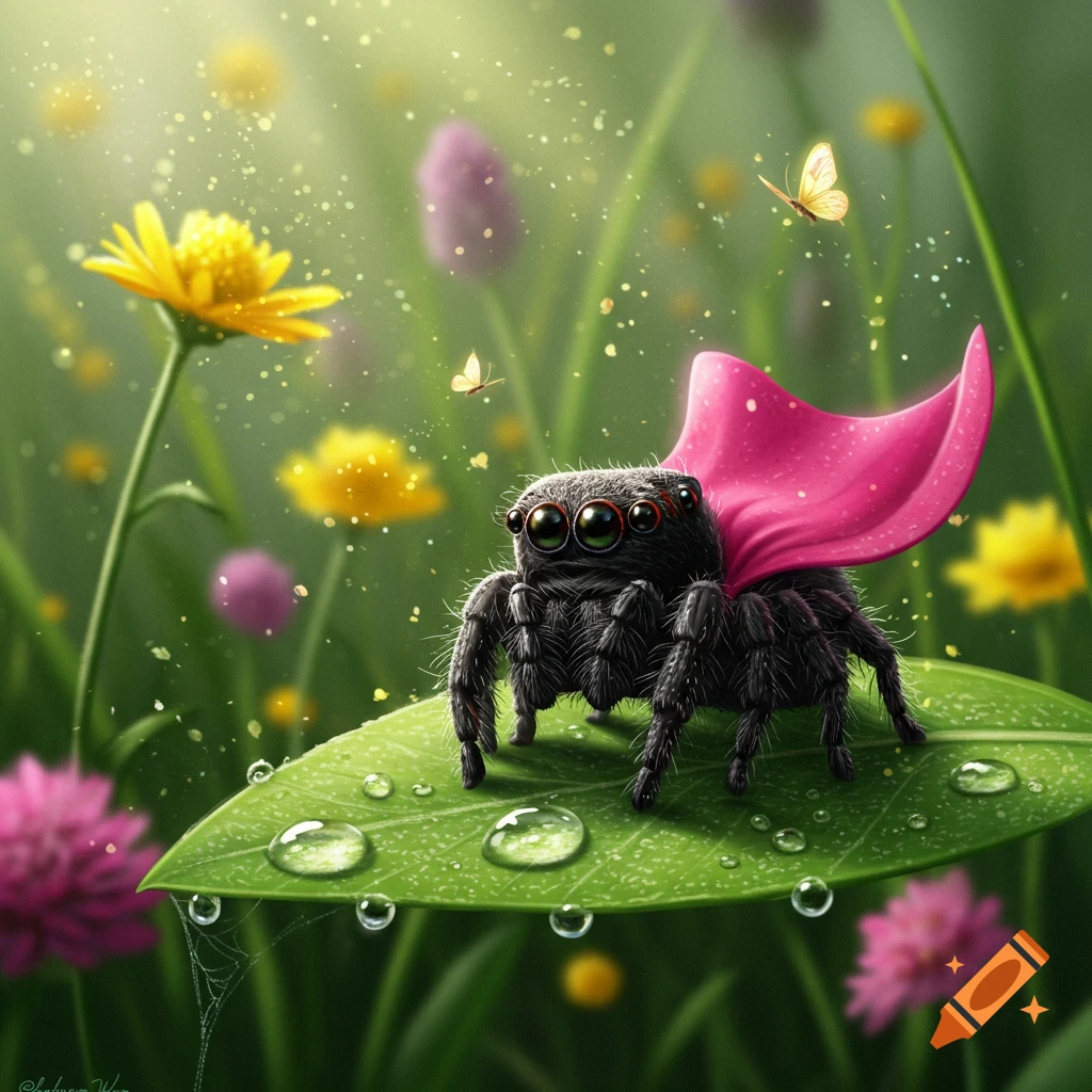A cute black jumping spider wearing a pink cape stands on a green leaf with dew drops in a magical garden.