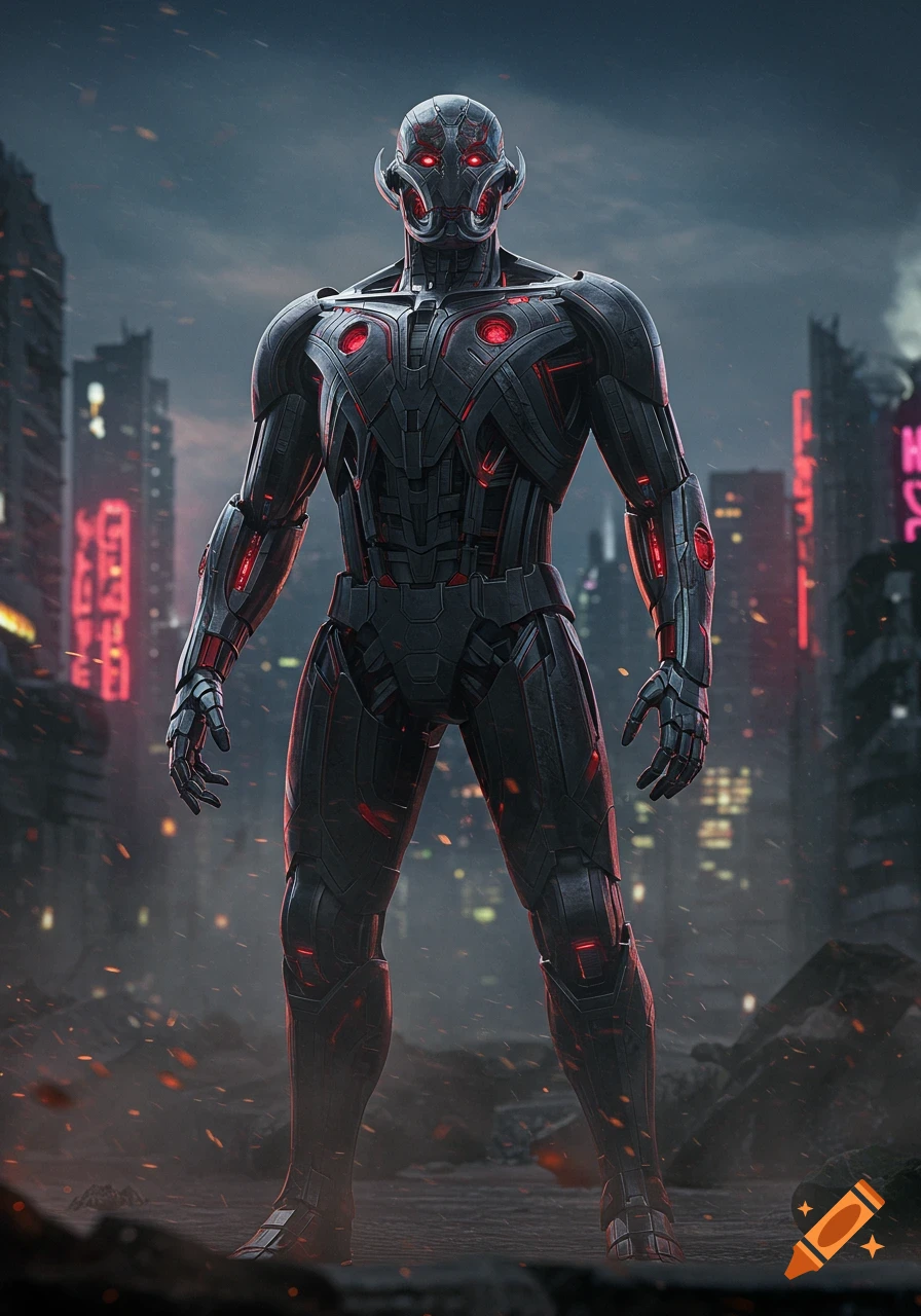 A photorealistic depiction of Ultron, a black and red robot, standing in a destroyed city with neon lights under a dark, cloudy sky.