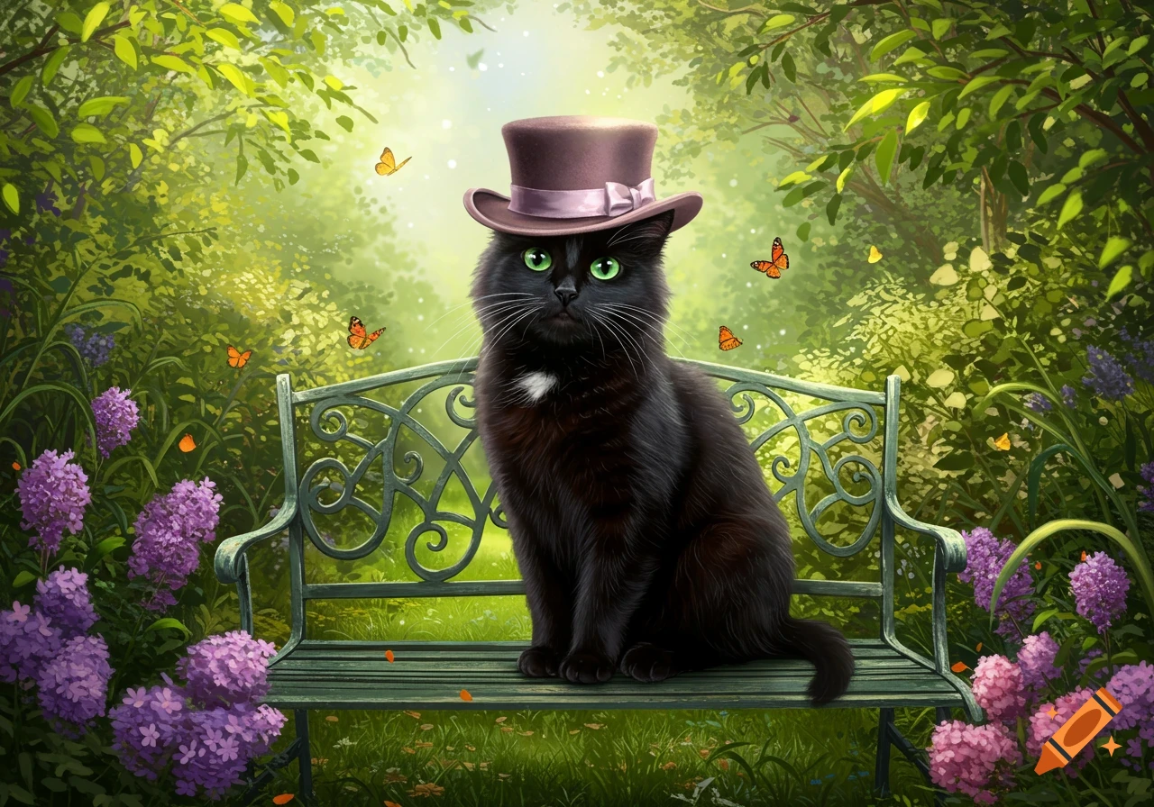 A black cat wearing a brown top hat sits on a green bench in a vibrant garden with purple flowers and butterflies.