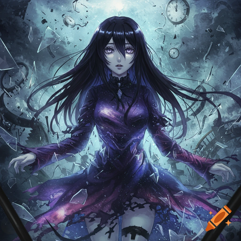 Anime girl with long black hair and purple eyes in a galaxy-patterned dress amidst shattering glass and floating clocks.
