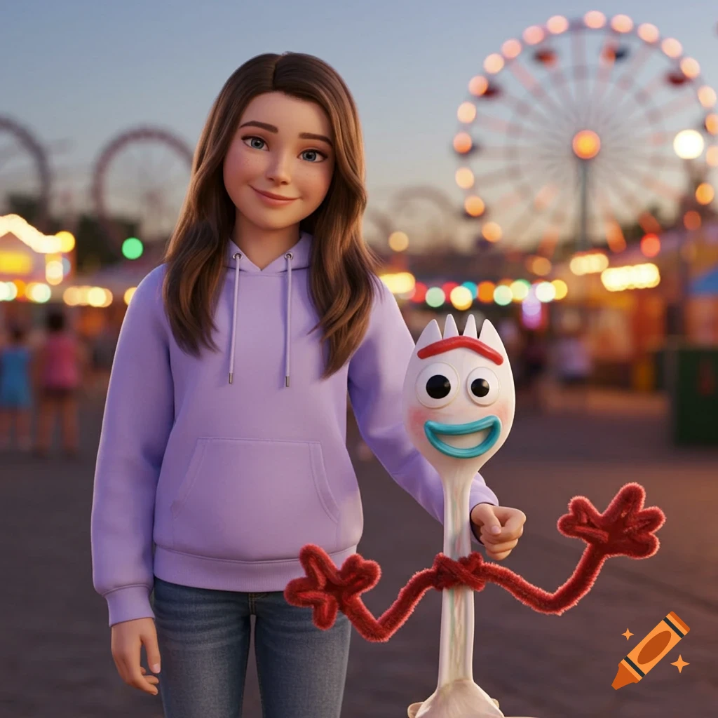 A smiling animated teenage girl and Forky from Toy Story 4 stand at a fairground with Ferris wheels and lights in the background.