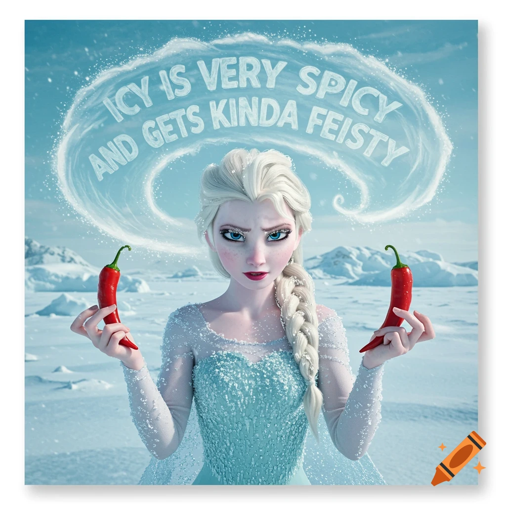 Elsa from Frozen in an icy landscape, holding two red chili peppers with a feisty expression. Above her, icy swirls spell "ICY IS VERY SPICY AND GETS KINDA FEISTY."