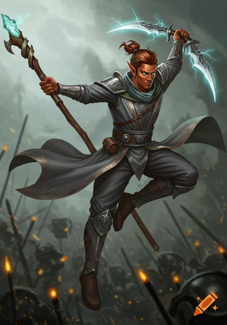 A male wood elf bladesinger wizard leaps, wielding a glowing staff and lightning daggers, against a blurred battle background in a high fantasy style.