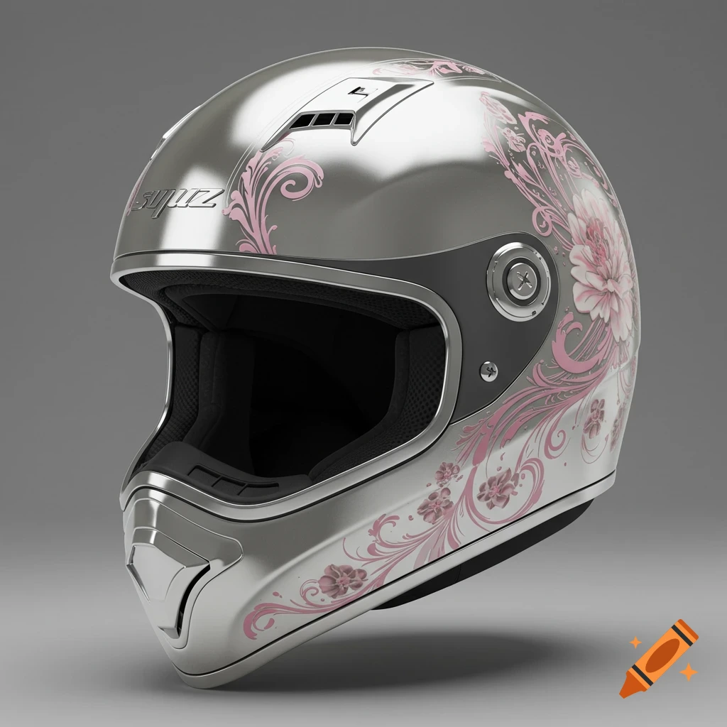 A sleek, silver chrome motorcycle helmet with soft pink floral graphics on the side and jaw protection, against a gray background.
