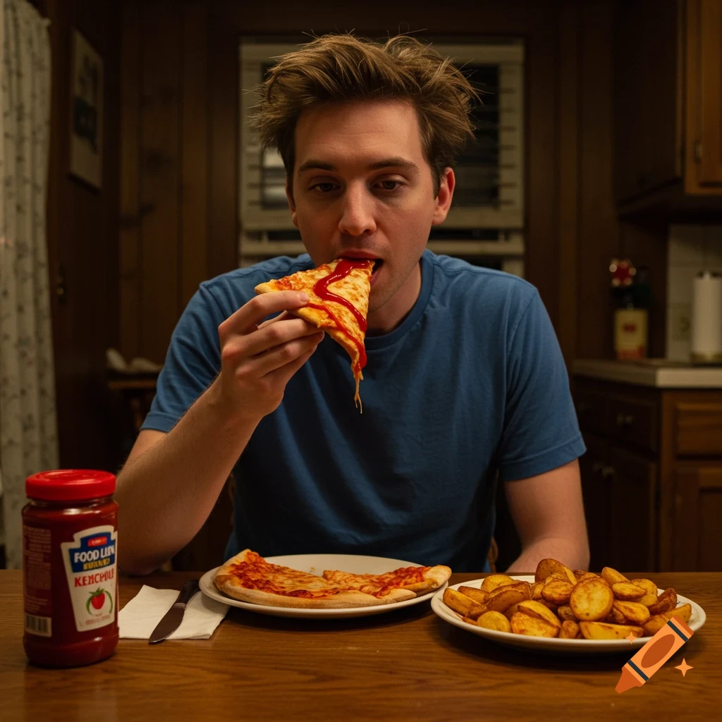 A man in a blue shirt eating a slice of pizza topped with ketchup at a wooden table with potatoes and a ketchup bottle.