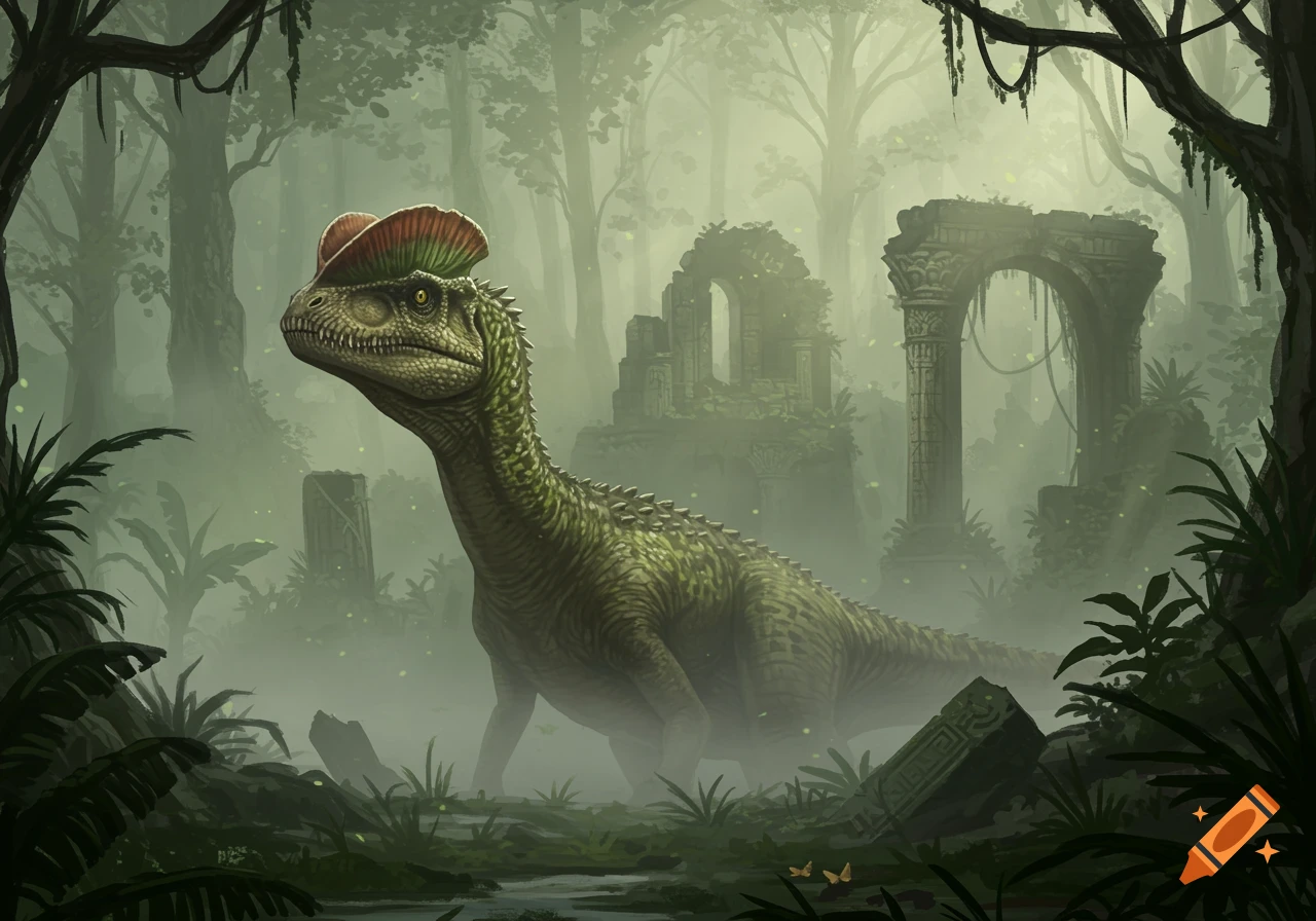 A green Dilophosaurus with a red and green crest stands in a misty, ancient jungle with ruined structures.