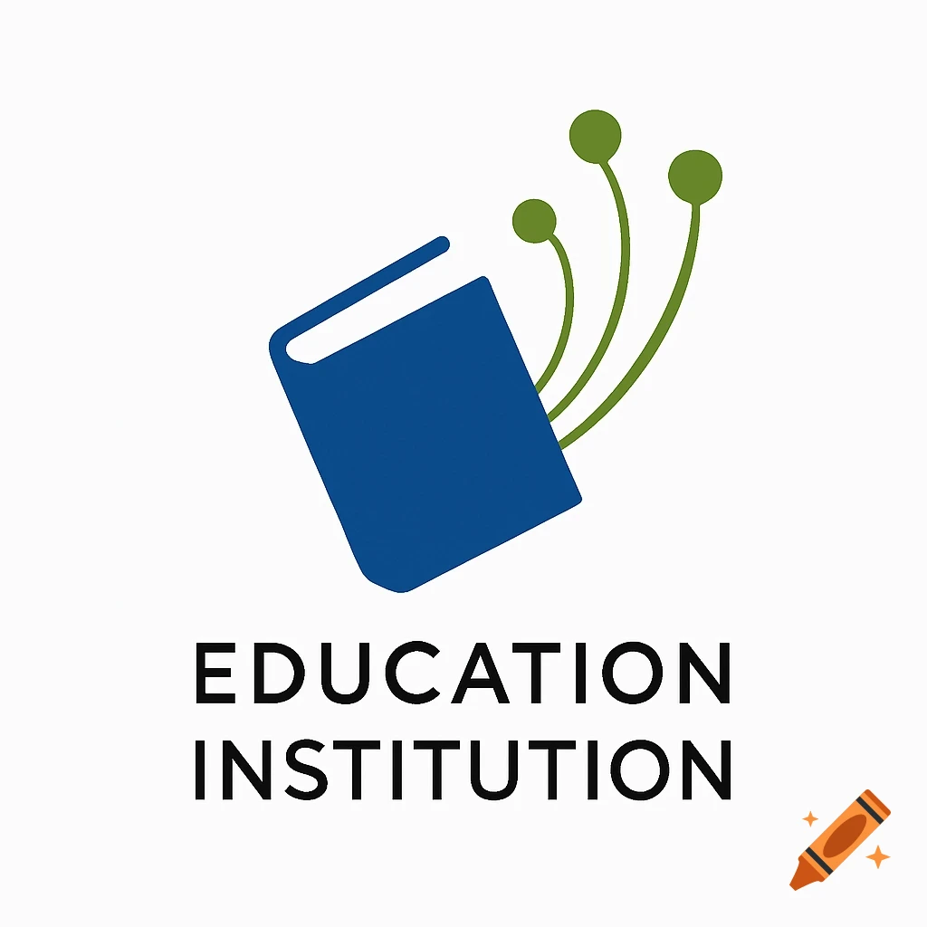 A minimalist logo of a blue book tilted left, with three green lines and circles extending upwards from its top right corner, on a white background with text 'EDUCATION INSTITUTION' below it.