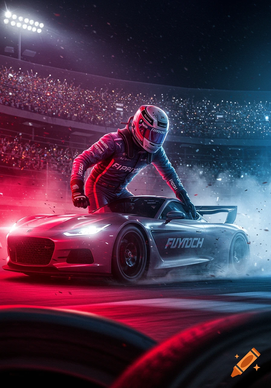A race car driver in a racing suit and helmet stands next to a futuristic silver race car on a track at night, under red and blue stadium lights.