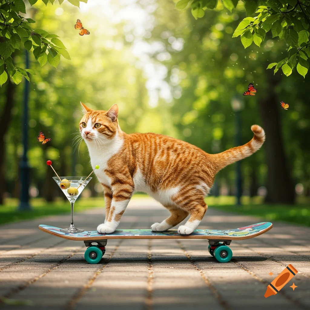 A photorealistic ginger and white cat on a skateboard, holding a martini, in a sunny park with butterflies.