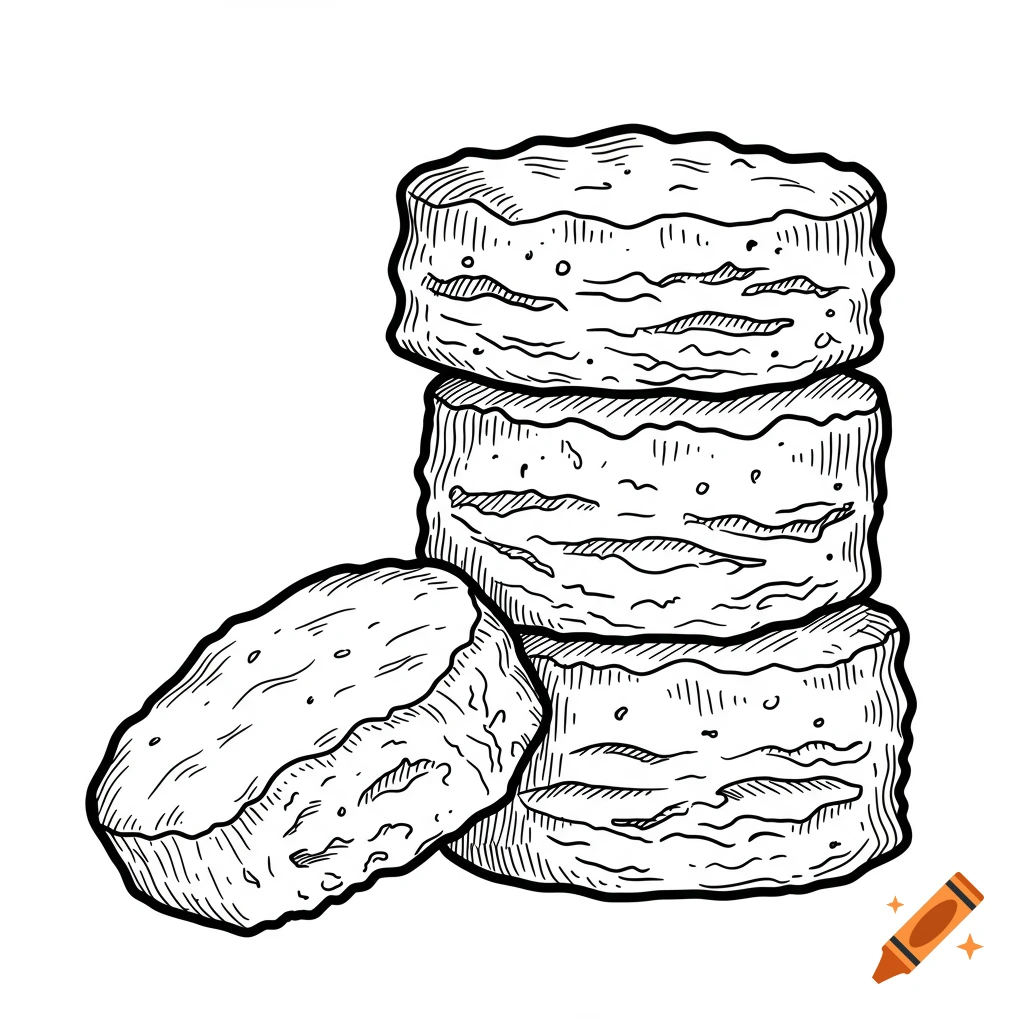 Black-and-white line drawing of a stack of buttermilk biscuits next to one biscuit lying on its side.