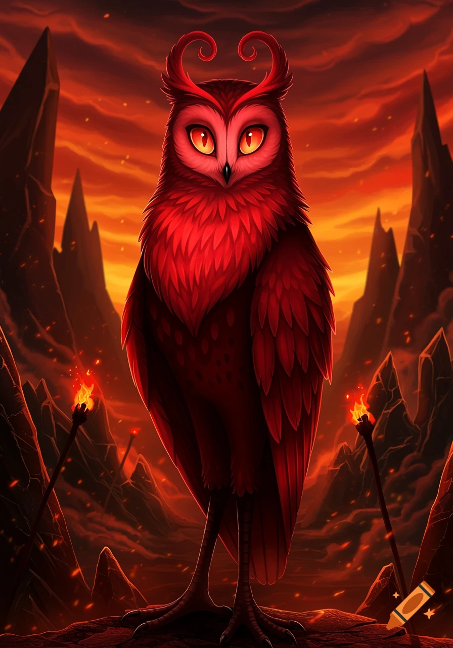 A tall, slender red owl demon with glowing eyes and heart-shaped facial disk stands on rocky terrain under a fiery red sky with burning torches.