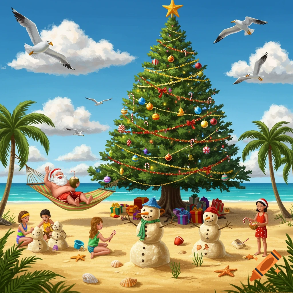 Santa in a hammock on a tropical beach with a Christmas tree, children building sandmen, and seagulls flying overhead, in an illustrative style.