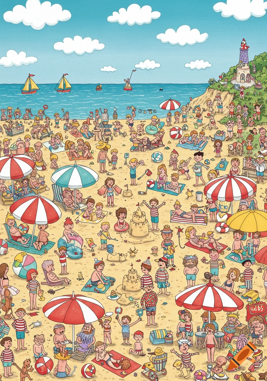 A vibrant, detailed cartoon illustration of a crowded beach scene with many people, umbrellas, and sandcastles, in the style of Where's Waldo.