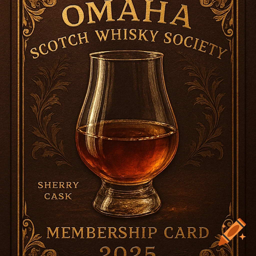 A dark brown and gold membership card for Omaha Scotch Whisky Society, featuring a Glencairn glass of amber whisky, with text 'Sherry Cask' and '2025'.