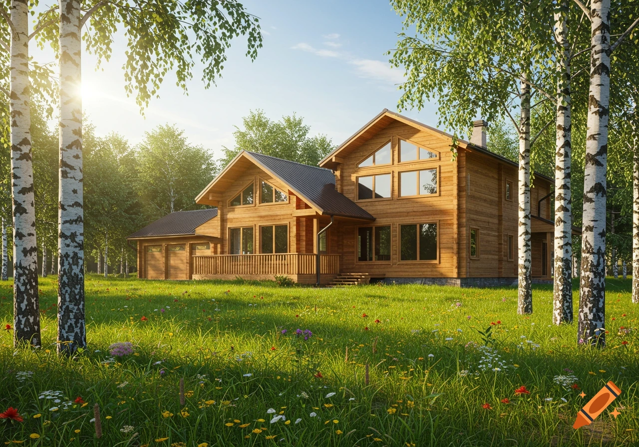 A photorealistic modern wooden house with a dark roof stands on a lush green lawn among birch trees on a sunny day in the countryside.