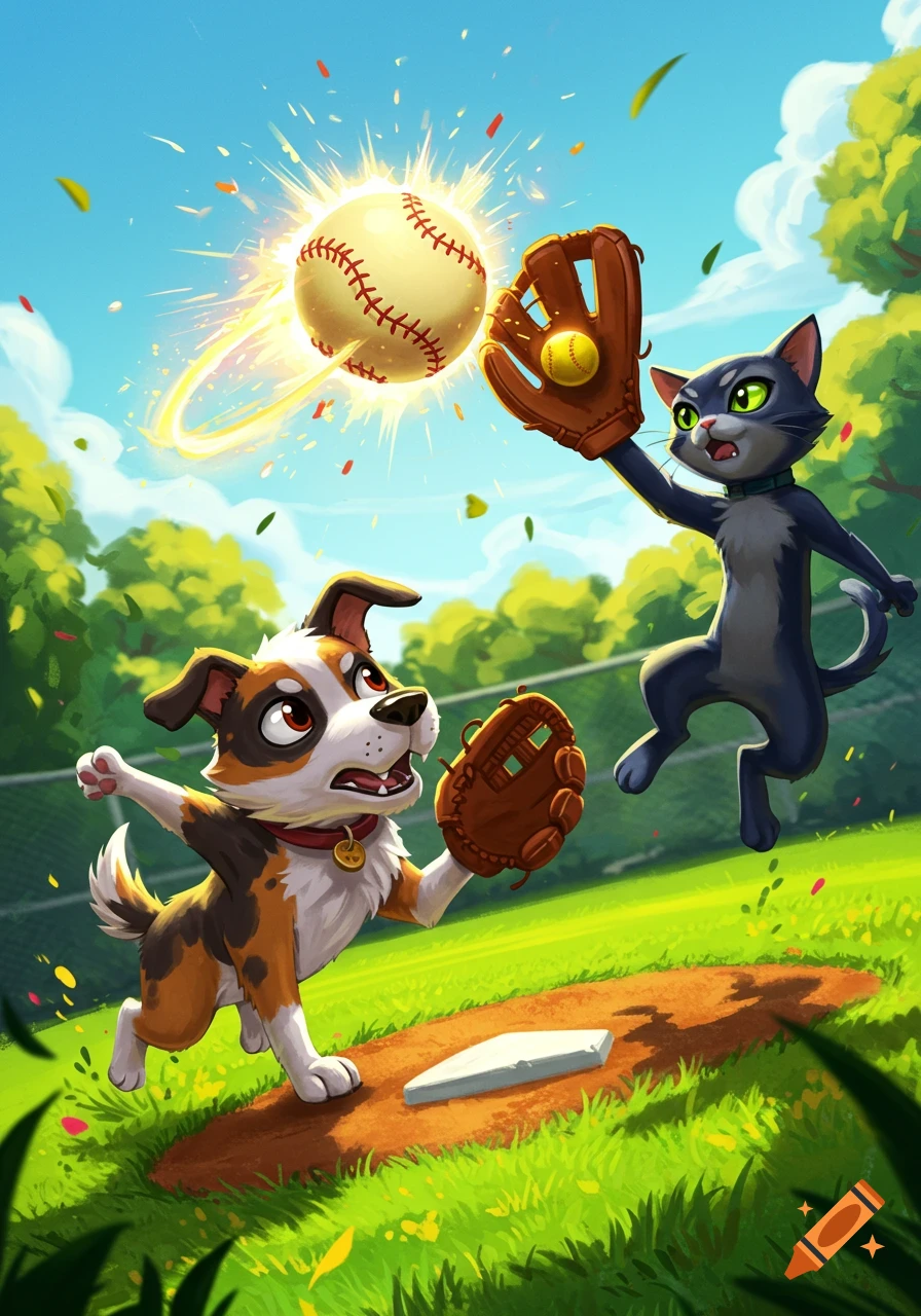 Cartoon dog and cat playing baseball on a sunny field, with the cat jumping to catch a glowing baseball in its mitt.