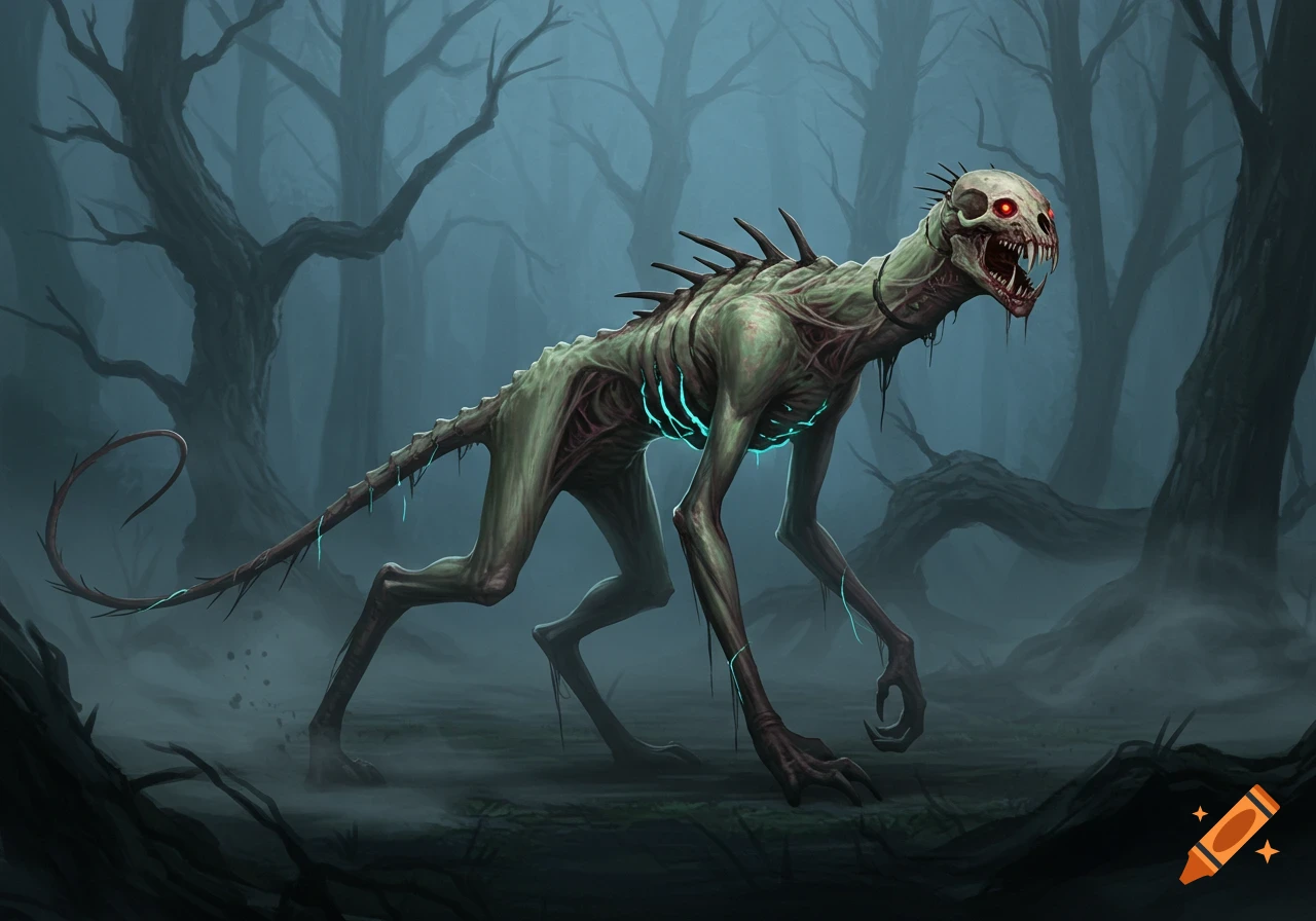 A grotesque, emaciated green beast with a skull-like head and glowing red eyes stands in a misty, dark forest.