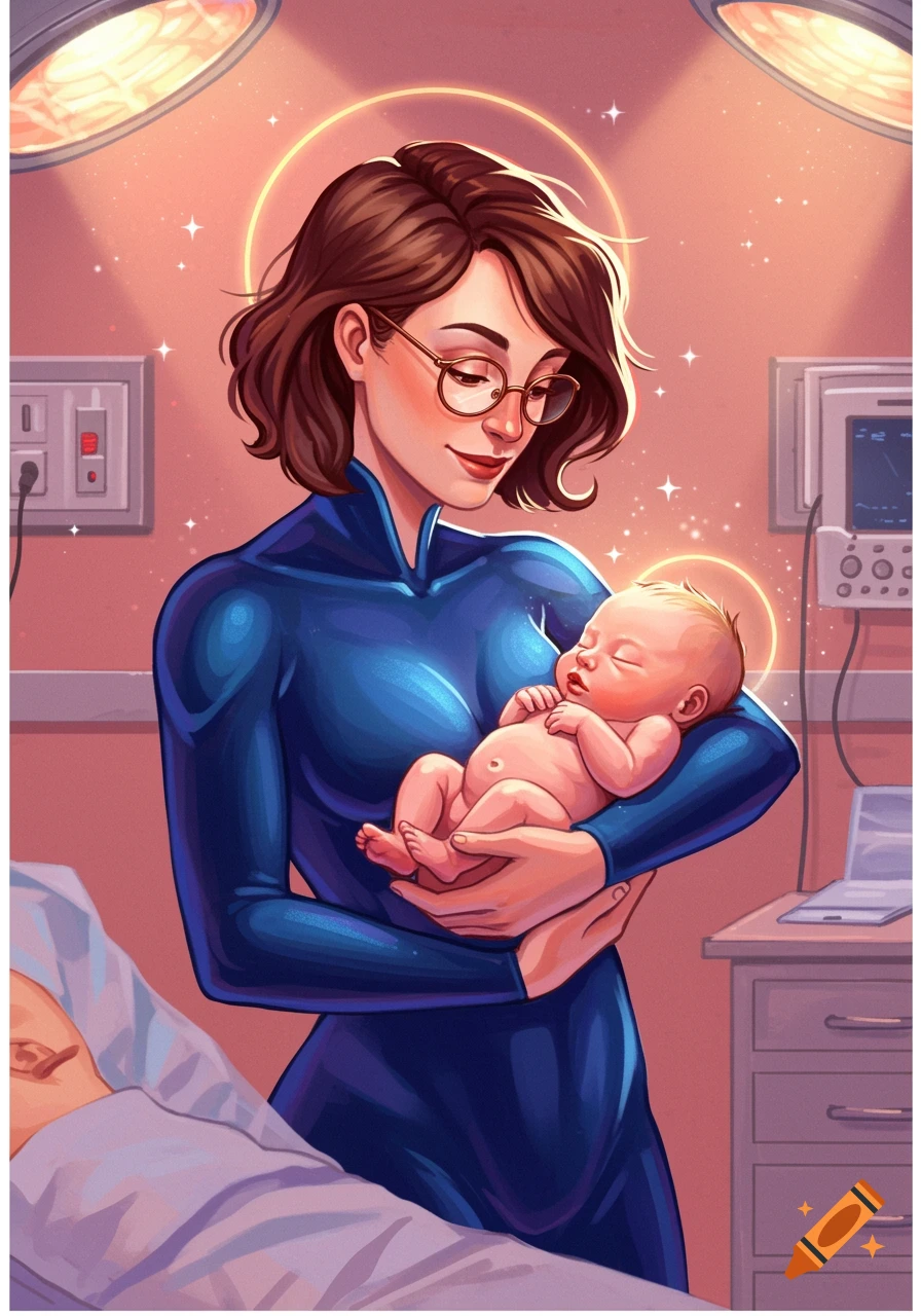Illustration of a woman in blue, with glasses and a halo, tenderly holding a newborn baby with a halo, in a hospital room with sparkling light.