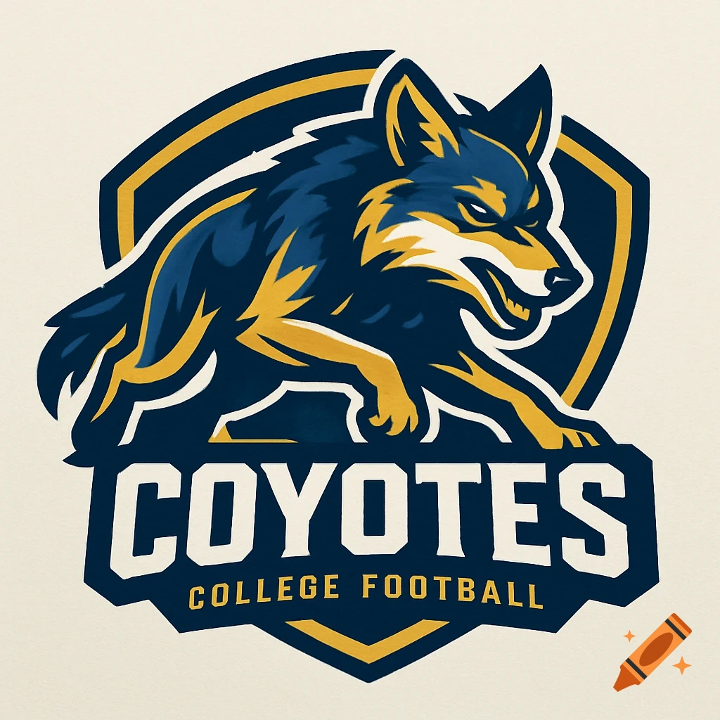 A stylized blue and yellow coyote logo with an aggressive stance, featuring the text "COYOTES" and "COLLEGE FOOTBALL" below it.