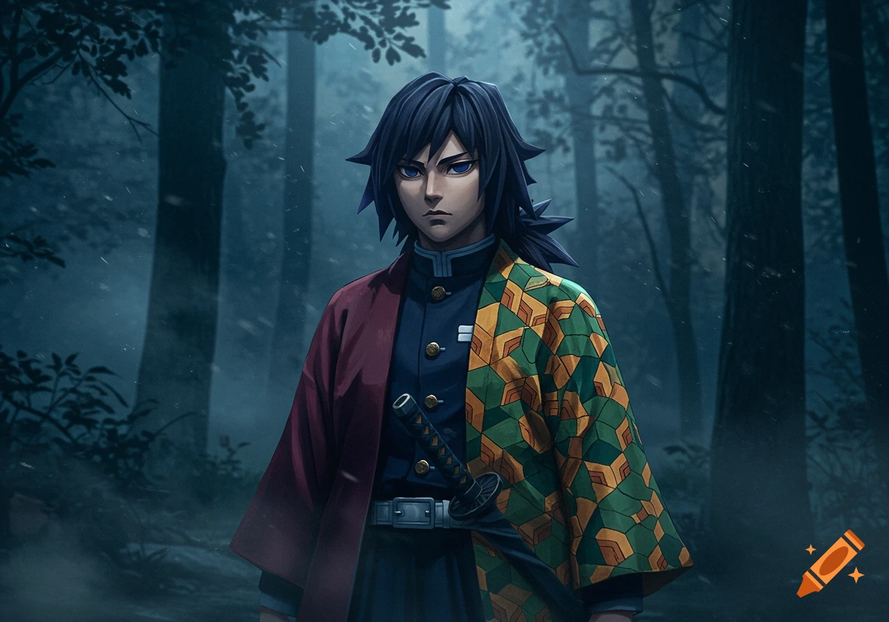 Tomioka Giyu from Demon Slayer, an anime character with dark hair and blue eyes, wearing a half-and-half haori in a dark, misty forest, in a realistic anime style.