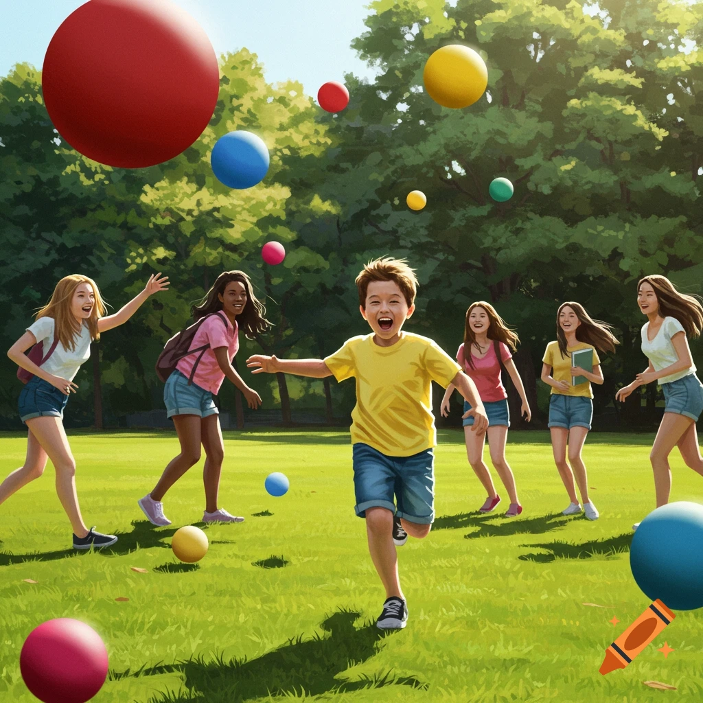 A group of children play a game with colorful oversized balls in a sunny park.